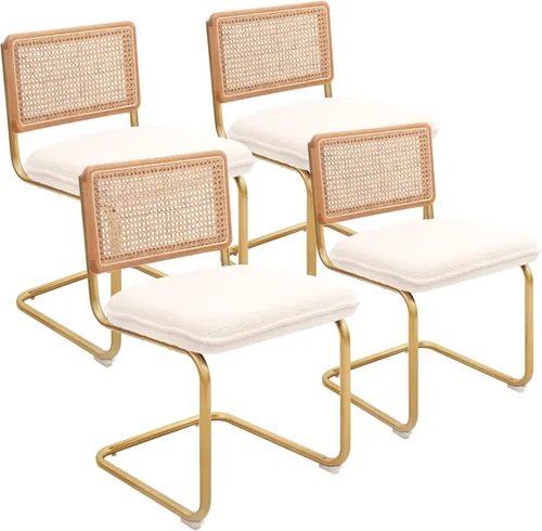 Miniatura 21 de CangLong Juego de 2 sillas de comedor de terciopelo, sillas de comedor de ratán con patas de metal y respaldo de ratán de malla natural, sillas