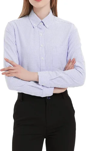 Miniatura 18 de Camisa con botones para mujer de manga larga Oxford camisa de algodón de corte clásico, blusa de trabajo resistente a las arrugas