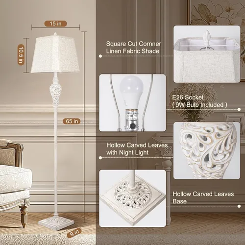 Miniatura 2 de Lámpara de pie LuxSight Collection para sala de estar, lámpara de pie vintage con luz nocturna, lámpara alta de 165 cm con pantalla de lino blanco