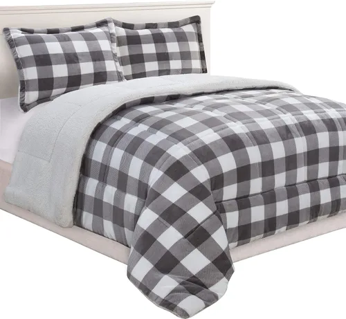 Miniatura 11 de Juego de edredón de 3 piezas Elegant Comfort con diseño de búfalo y cuadro de cabaña, lujoso, peso pesado, para todas las estaciones, con respaldo