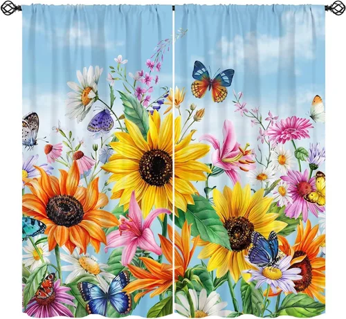 Miniatura 15 de Sunflower Curtains for Living Room Bedroom, Spring Nature Blue Sky and Butterfly Window Drapes, Rustic Wooden Fence Floral Botanical Decor, 2 Panels