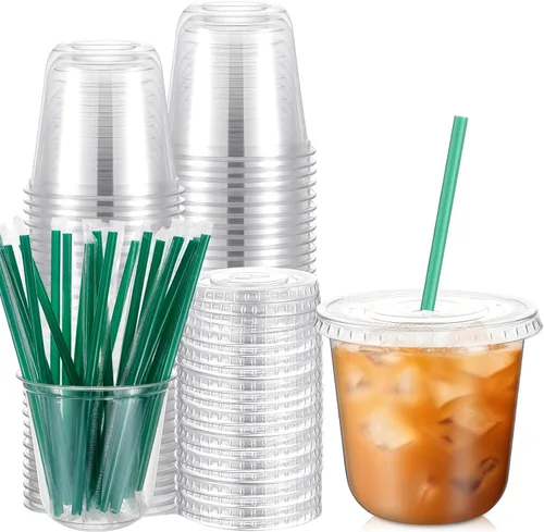Miniatura 7 de Baderke Juego de 25 vasos de plástico con tapas y pajitas, tazas de plástico desechables para café helado, jugo, batido, cristal para cafeterías