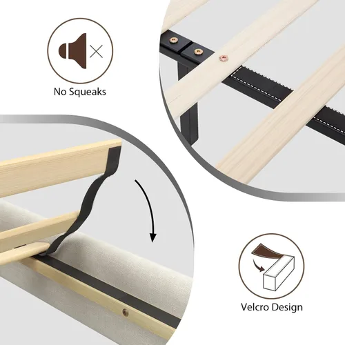 Miniatura 8 de E-Motie Marco de cama tamaño matrimonial con cabecero, cama tapizada con plataforma y otomano con almacenamiento, luces LED y estación de carga