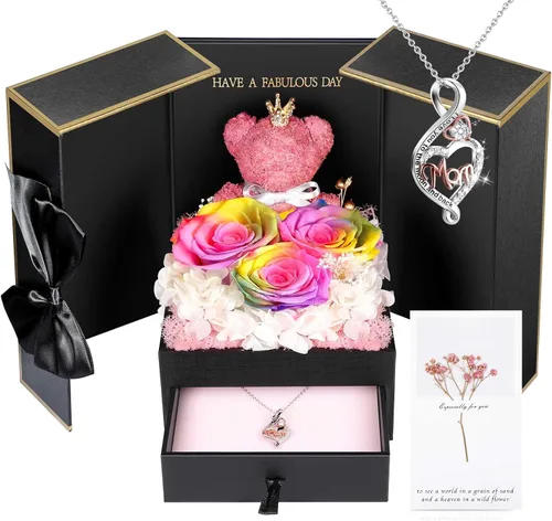 Miniatura 15 de AddWel Regalos para el Día de la Madre, para mamá de hija e hijo, para cumpleaños, rosas reales preservadas con collar de plata de ley con I Love