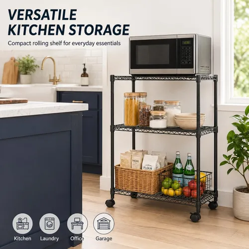 Miniatura 4 de Simple Deluxe 3-Tier Heavy Duty Adjustable Storage Shelf with Wheels, 23.23”W x 13.39”D x 30.31”H, Mobile or Stationary Metal Shelving Unit, Easy