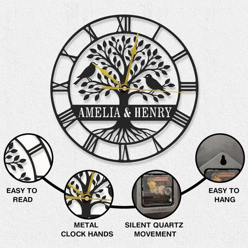 Miniatura 5 de Reloj de pared de metal personalizado, árbol de la vida, letrero de metal con nombre de familia, reloj rústico con número romano para sala de estar