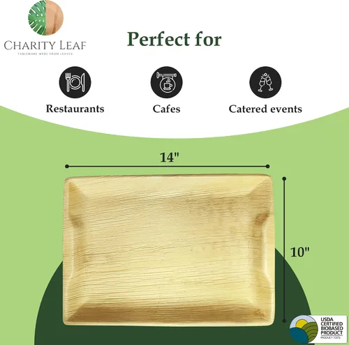 Miniatura 3 de Charity Leaf Bandejas desechables de hoja de palma de 14" x 10" (100 piezas) Platos de servir tipo bambú, tablas desechables, vajilla ecológica