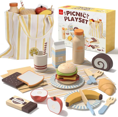 Lehoo Castle Juego de comida de madera para jugar, comida de juguete para niños pequeños de 1 a 3 años, accesorios de cocina, juguetes de cortar