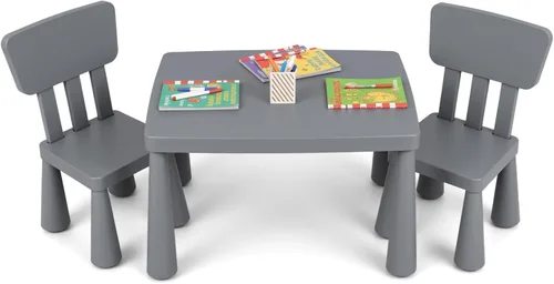 Miniatura 10 de COSTWAY Juego de mesa y sillas para niños de 3 piezas, centro de actividades infantiles de plástico ligero para leer, escribir, pintar, merienda