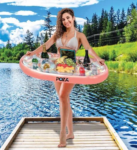 Miniatura 7 de POZA Hielera flotante inflable dorada – Lujoso soporte para bebidas relleno de confeti brillante, flotador de fiesta premium con 8 soportes, barra