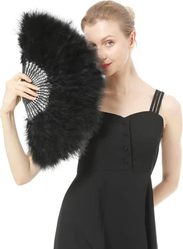 Marabou - Abanico plegable de mano, accesorios de plumas para disfraz de Halloween, decoración de fiesta de té, color negro