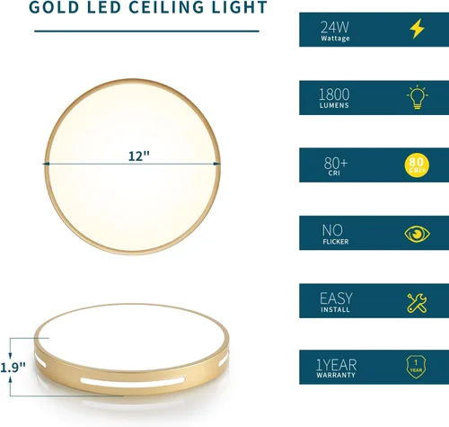 Miniatura 3 de Lámpara de techo de montaje empotrado dorada LED, 24W, lámpara de techo para cocina, montaje en techo, regulable, paquete de 2, lámpara de techo