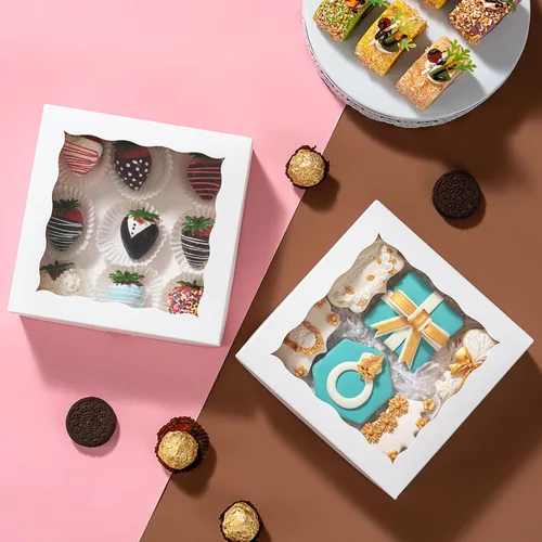 Miniatura 6 de RomanticBaking Paquete de 24 cajas de panadería (no incluye alimentos) de 7 x 7 x 2 1/2 pulgadas, cajas de fresas cubiertas de chocolate blanco