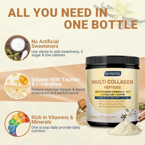 Miniatura 3 de DRFOSTER Péptidos de colágeno de vainilla en polvo para mujeres y hombres, colágeno multi tipo I II III V X con multivitaminas y minerales