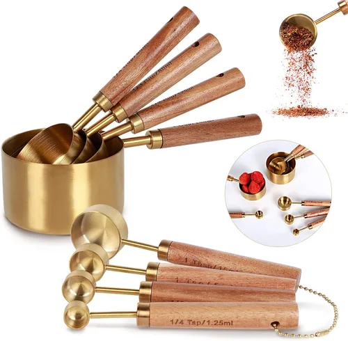 Colección de 8 tazas medidoras doradas y cucharas medidoras, dorado con asas de madera fragante, juego completo de tazas y cucharas medidoras para