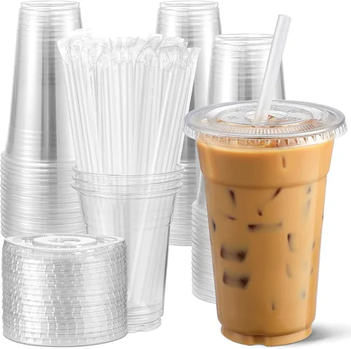 AOZITA [100 juegos de 12 onzas. Vasos transparentes de plástico desechables con tapas y popotes, vasos con tapas para café helado, batido, batido de