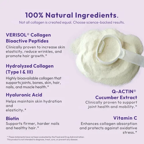 Miniatura 4 de VERISOL® Péptidos de colágeno hidrolizados tipo I y III con vitamina C, ácido hialurónico, biotina, Q-ACTIN® Proteína en polvo sin sabor para piel