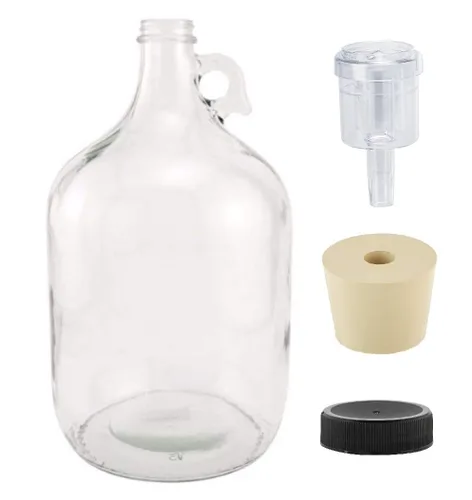 North Mountain Supply Jarra de fermentación de vidrio de 1 galón con asa, tapón de goma 6.5, cierre de aire de 2 piezas, tapa de plástico negro,