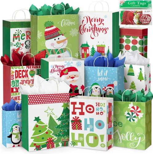 Party Funny 24 bolsas de regalo de Navidad de papel kraft blanco de varios tamaños con 60 etiquetas de regalo de Navidad (juego a granel, 6 XL, 6