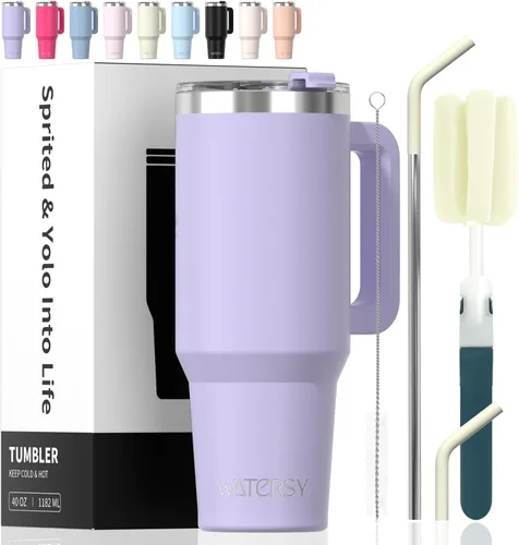 Miniatura 22 de Vaso de 20 oz con asa, vaso con tapa y pajita, vaso de doble pared con aislamiento de acero inoxidable para viajes (frío durante 34 horas), botella