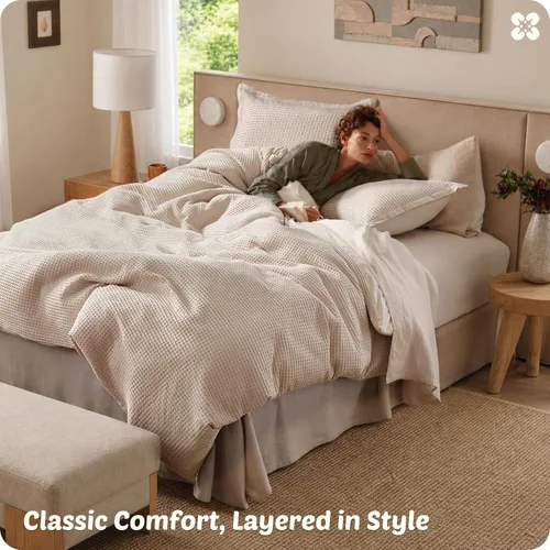 Miniatura 6 de Bedsure Funda de edredón de algodón tamaño King – 100% algodón tejido gofre, funda de edredón beige tamaño King, GentleSoft™ y juego de ropa de cama