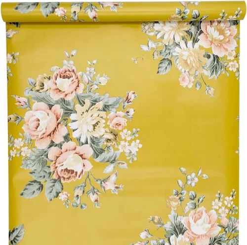 Miniatura 7 de Rollo de papel tapiz de 14.7 pies para despegar y pegar, diseño floral de peonía amarilla, vinilo fácil de usar contra salpicaduras