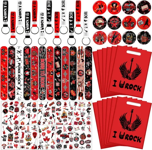 Recuerdos de fiesta de Rock and Roll, decoraciones de suministros de estrella de rock incluye 12 llaveros, 12 insignias, 12 pulseras, 12 bolsas, 12