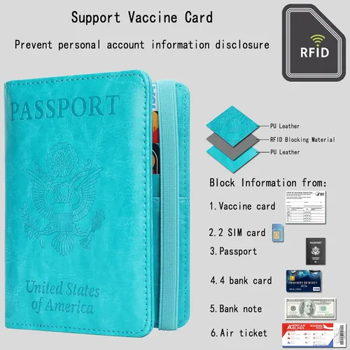 Miniatura 2 de GDTK - Portapasaportes de piel, con bloqueo RFID, ideal para documentos de viaje, Azul (Sky Blue)), 610521126587