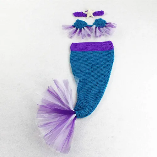 Miniatura 2 de Accesorios de fotografía para recién nacidos, diadema de estrella, brasier y cola de sirena para sesión de fotos de bebé (azul oscuro)