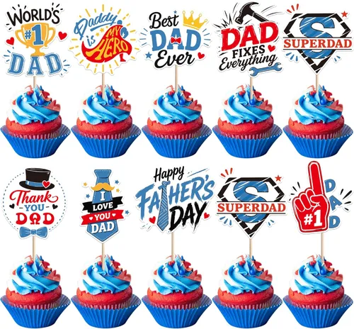 Miniatura 26 de Paquete de 24 adornos para cupcakes con purpurina para el Día del Padre, con purpurina para el mejor papá del mundo, sombrero de bigote #1
