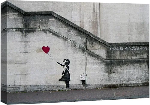 Impresión sobre lienzo estampado Wall26 de Banksy Street, listo para colgar Siempre hay esperanza: globo de niña y corazón rojo