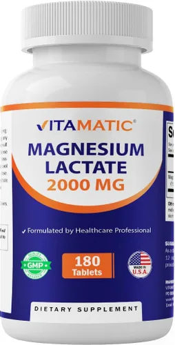 Vitamatic Lactato de magnesio 2000 mg por porción – 180 tabletas – Apoya la salud muscular, del corazón, de los huesos y del sistema nervioso* – Sin