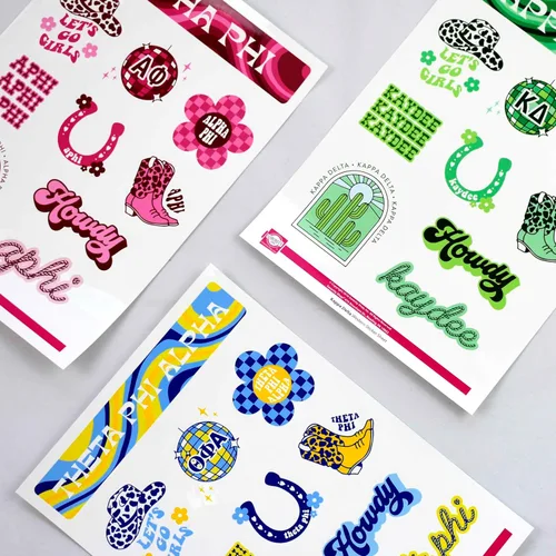 Miniatura 8 de Chi Omega - Hoja de calcomanías de vinilo de diseño occidental con diseños oficiales, adhesivo extraíble, 10 calcomanías por hoja, por Sorority Shop