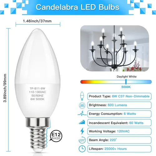 Miniatura 2 de MAXvolador Bombillas LED E12 para candelabro equivalente a 60 W, base de vela B11 de 6 W, bombilla de araña de 600 lúmenes, blanco natural 3500 K