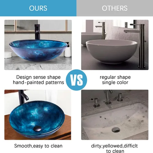 Miniatura 6 de Lavabo de Vasija 16.5" Lavabos de Baño Vidrio Templado Azul Cuenco de Arte Redondo con Combo de Grifo Azul, Moderno Lavabo de Encimera tipo Cuenco