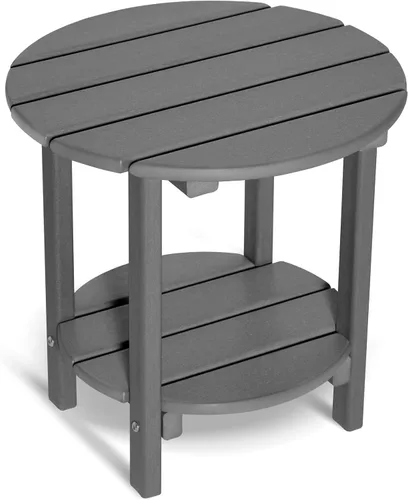 Miniatura 31 de Mesa auxiliar redonda de 2 niveles para exteriores con veta similar a la madera, mesa auxiliar Adirondack de HDPE para patio, mesa auxiliar Azul