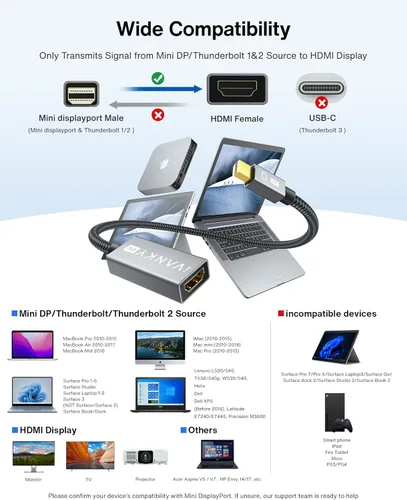 Miniatura 3 de IVANKY - Adaptador 4K Mini DisplayPort a HDMI, 4K@30Hz Adaptador Mini DP a HDMI, Thunderbolt 2 a HDMI chapado en oro/trenzado Compatible con MacBook
