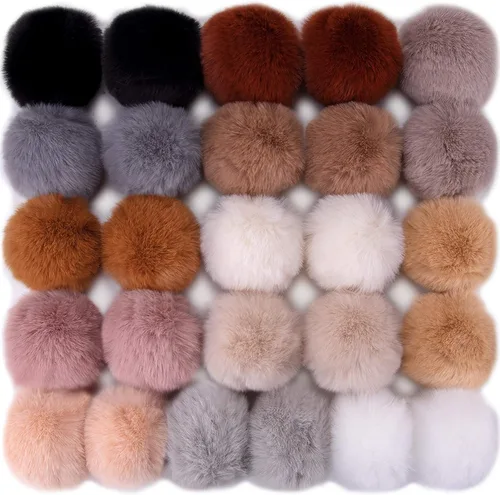 Miniatura 8 de BQTQ 26 piezas pompones de piel sintética de conejo pelotas pom pom negras pompones esponjosos con lazo elástico manualidades para sombreros
