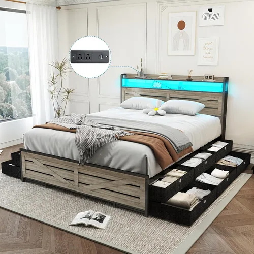 Miniatura 10 de Kiivakii Base de cama Queen con cabecero, base de cama de plataforma LED con 4 cajones de almacenamiento, estación de carga integrada, sin ruido