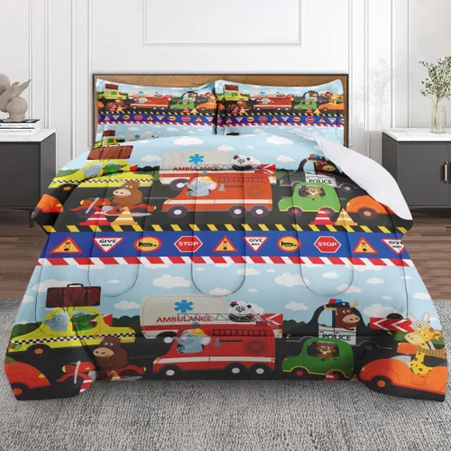 Juego de edredón vintage con diseño de coche y león para niños, niños pequeños, adolescentes y adultos, tamaño individual, juego de ropa de cama con