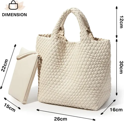 Miniatura 6 de KALIDI Bolso de playa de mano de paja Bolso de hombro a rayas cosido PU mango de cuero Zippe Viaje Compras Picnic