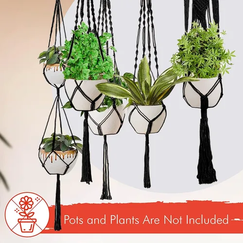 Miniatura 9 de Feedee Ganchos de macramé para plantas, paquete de 6, color negro, interior/exterior, algodón