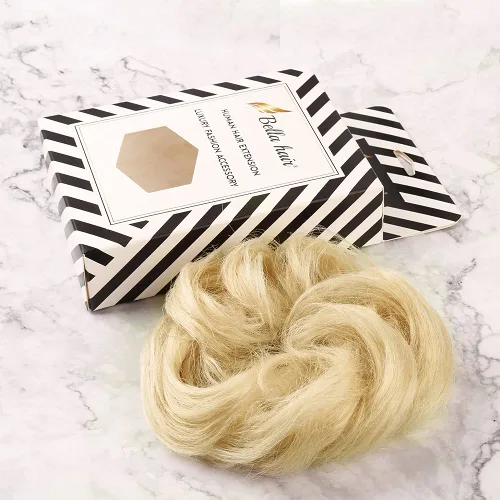 Miniatura 9 de Bella Hair - Rodete de extensión de cabello 100 % humano para banda elástica, extensión de cola de caballo ondeada, rizada o desordenada #60 Rubio