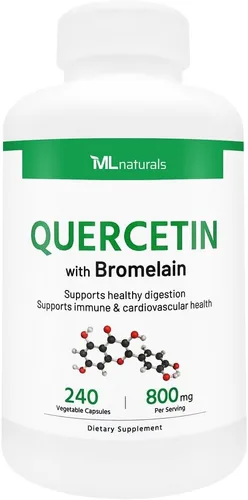ML Naturals Quercetina 800mg con bromelina 200 mg por porción, 240 cápsulas vegetales. Apoya la salud cardiovascular e inmune