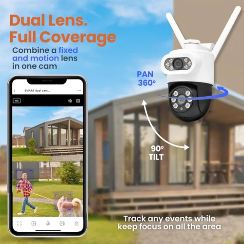 Miniatura 2 de VTA+ Cenefa de cámara de seguridad para exteriores de doble lente 2K, seguimiento de movimiento, rotación de 280°, visión nocturna a color, WiFi