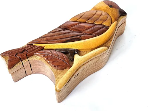 Miniatura 2 de Goldfinch Bird - Caja de rompecabezas de madera de Intarsia, hecha a mano con compartimento secreto
