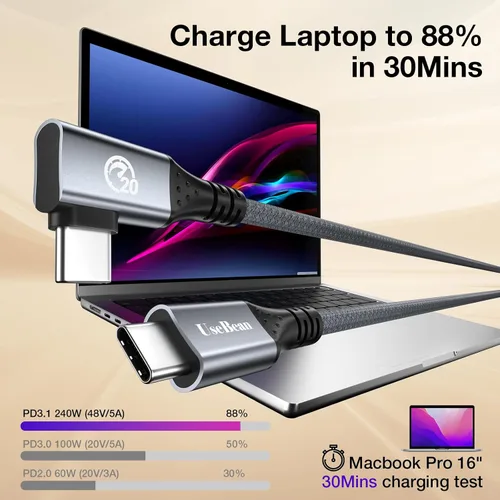 Miniatura 6 de UseBean Cable USB C a USB C de 240 W de 0.6 pies [2 unidades], cable de datos USB C 3.2 Gen 2X2 20Gbps de ángulo recto, salida de video 4K, cable