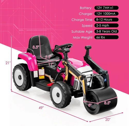 Miniatura 7 de Costzon Auto para montar en coche, rodillo de carretera de 12 V con control remoto, tractor eléctrico a batería con rodillo de tambor ajustable, Rosa
