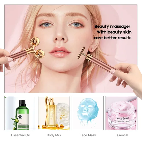 Miniatura 7 de Masajeador facial 2 en 1 Beauty Bar de pulso dorado de 24 quilates, rodillo 3D eléctrico y en forma de T, brazo ojo, nariz, cabeza, masajeador