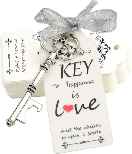 Makhry Juego de 52 abrebotellas con llave de esqueleto, recuerdos de boda para invitados, juego de recuerdo personalizado con tarjetas de regalo de